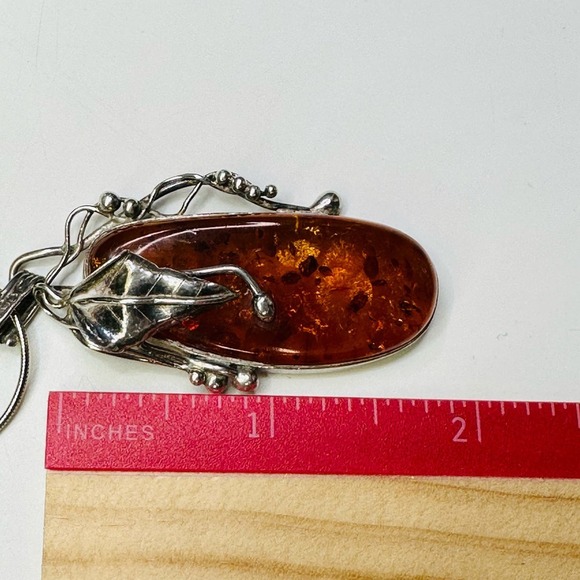 Amber Stone with Leaf Vines Designs Sterling Pendant Sneak Chain Necklace - Picture 6 of 9